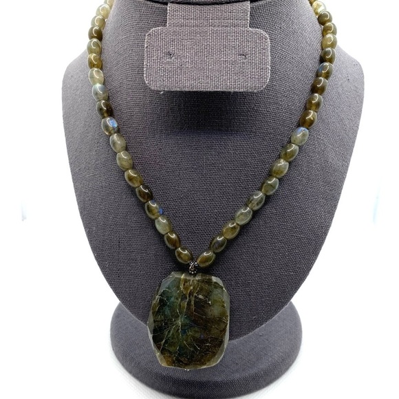 Natural Labradorite Beaded Necklace Faceted Pendant 16" +1.5” 925 Silver - Picture 5 of 9